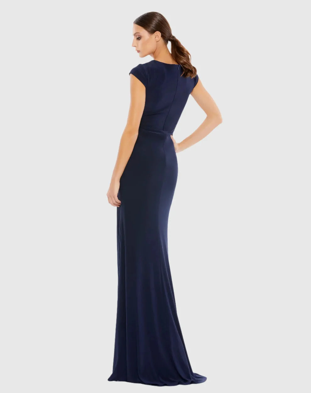 Sleeveless V Neck Ruched Jersey Long Formal Dress with Side Slit