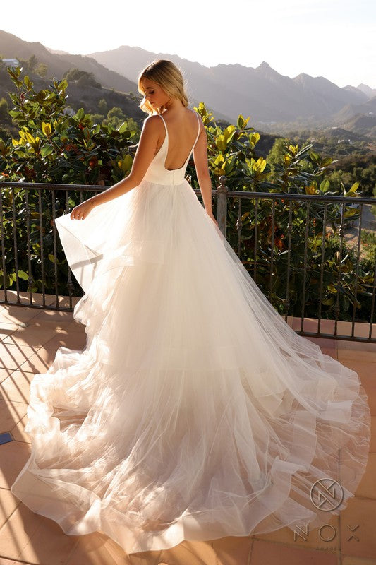 Spaghetti Strap V Neck Ballgown with Layered Tulle Skirt
