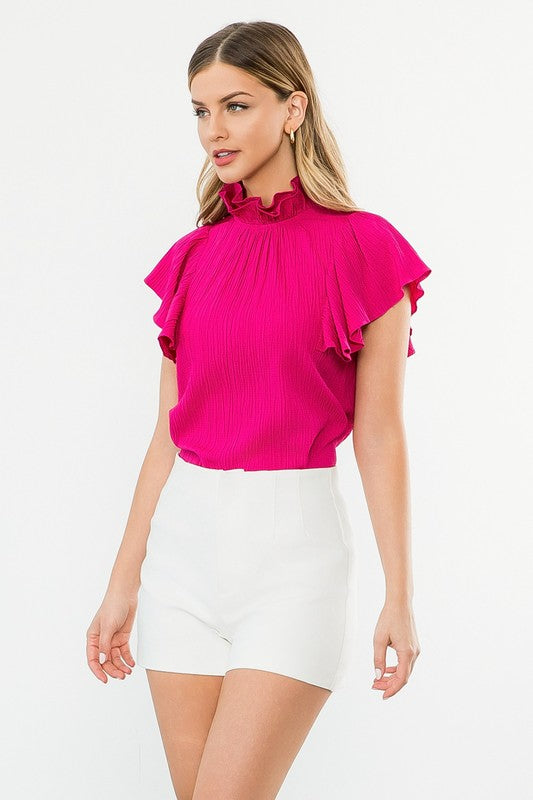 Short Flutter Sleeve Textured Smock Neck Top