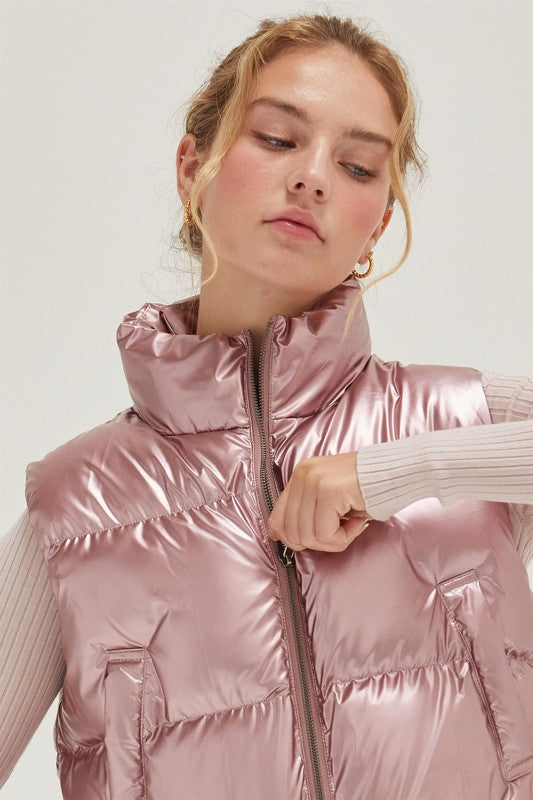 Sleeveless High Neck Puffer Metallic Vest