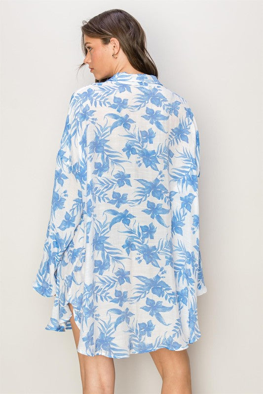 Roll Tab Long Sleeve Floral Cover Up
