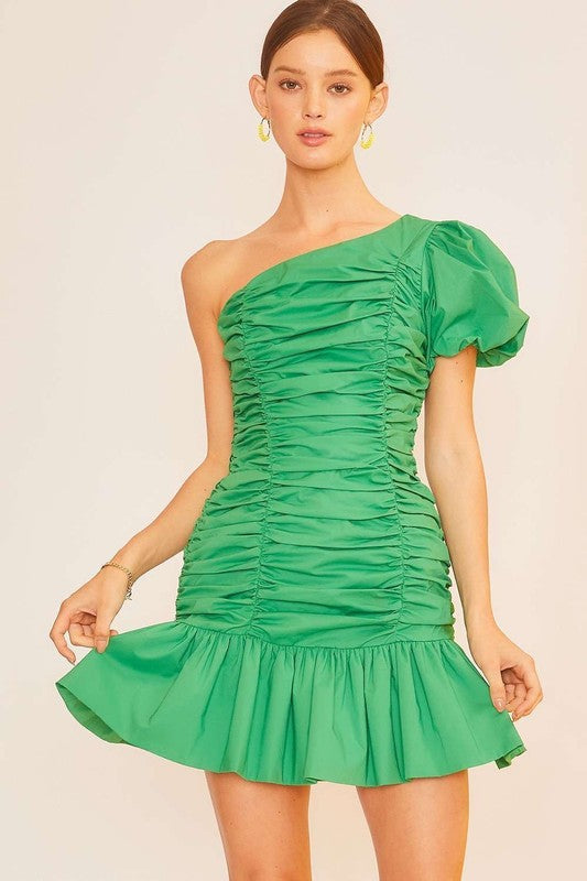One Shoulder Puff Sleeve Bodycon Shirring Mini Dress