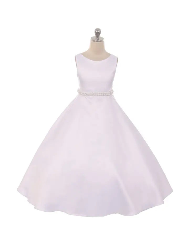 Girls Sleeveless A Line Satin Long Formal Dress with Pearl Waist Trim