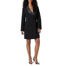 Long Sleeve Satin Lapel Tuxedo Blazer Dress with Button Closure