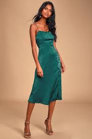 Adjustable Spaghetti Strap Satin Midi Dress with Side Slit