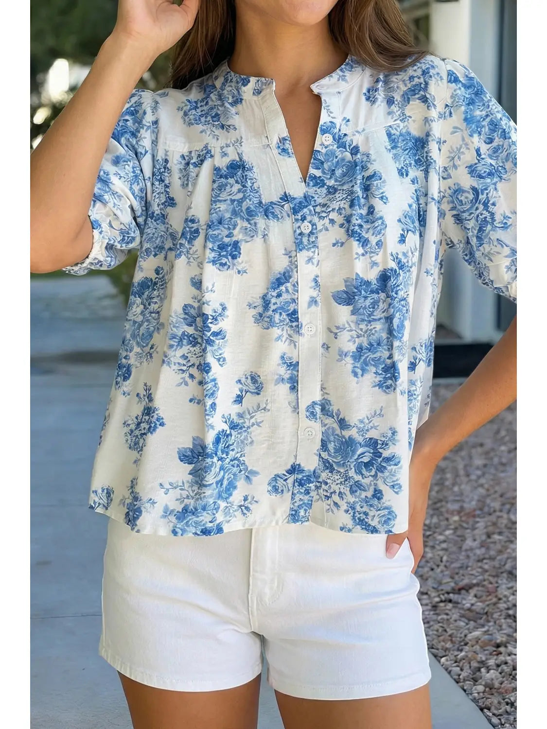 Floral Puff Short Sleeve Pleated Bust Buttoned Shirt