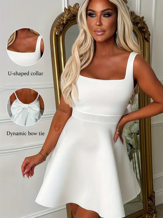 Sleeveless Square Neck Fit and Flare Mini Dress with Back Bow
