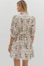 Floral panel ¾ ruffle puff sleeve pleated round neck button closure at front mini dress