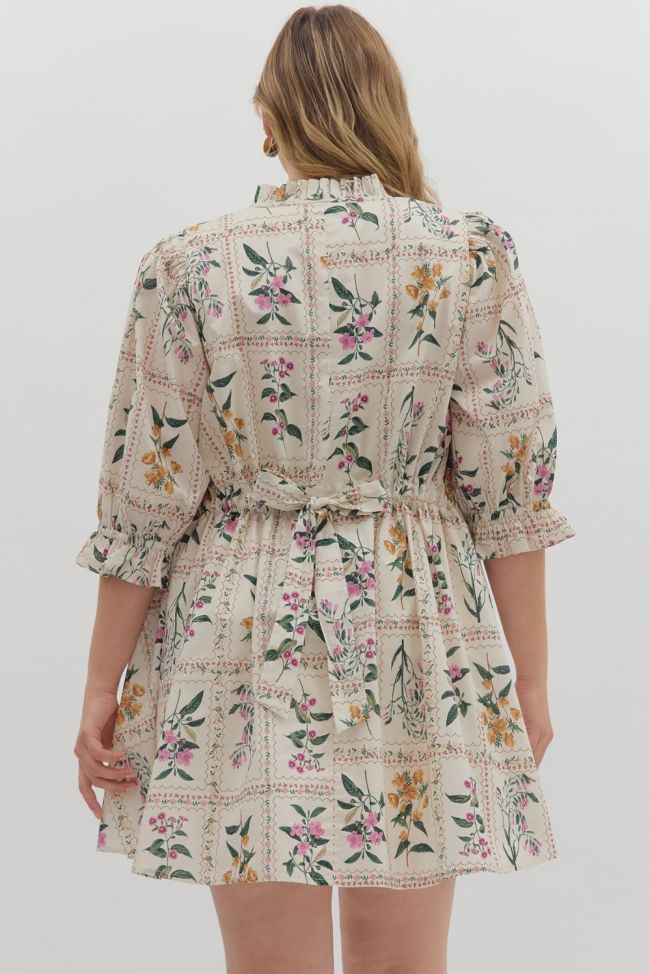 Floral panel ¾ ruffle puff sleeve pleated round neck button closure at front mini dress