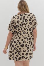 Curvy oversized leopard pattern elasticated dolman sleeve mini dress with pockers