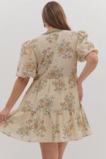 Floral print short puff sleeve mini dress V-neck with visible topstitch detail with pockets