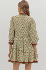 Floral pattern ¾ sleeve tiered mini dress featuring multicolor V-neck collar and pockets