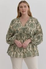 Printed babydoll long sleeve top featuring ruffle detail. Elastic at cuff. Lined. Woven.