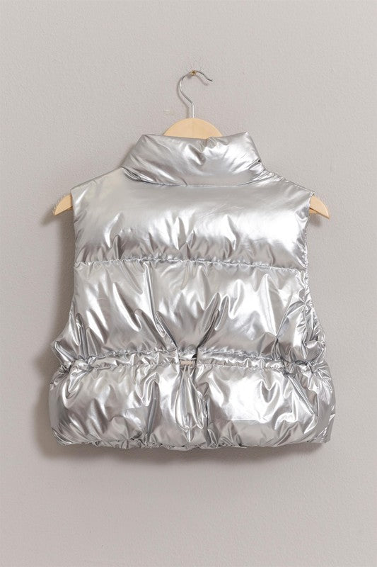 Sleeveless High Neck Puffer Metallic Vest
