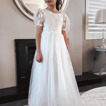 Girls Short Sleeve Embroidery Bodice with Long Flowy Skirt and V Back Dress