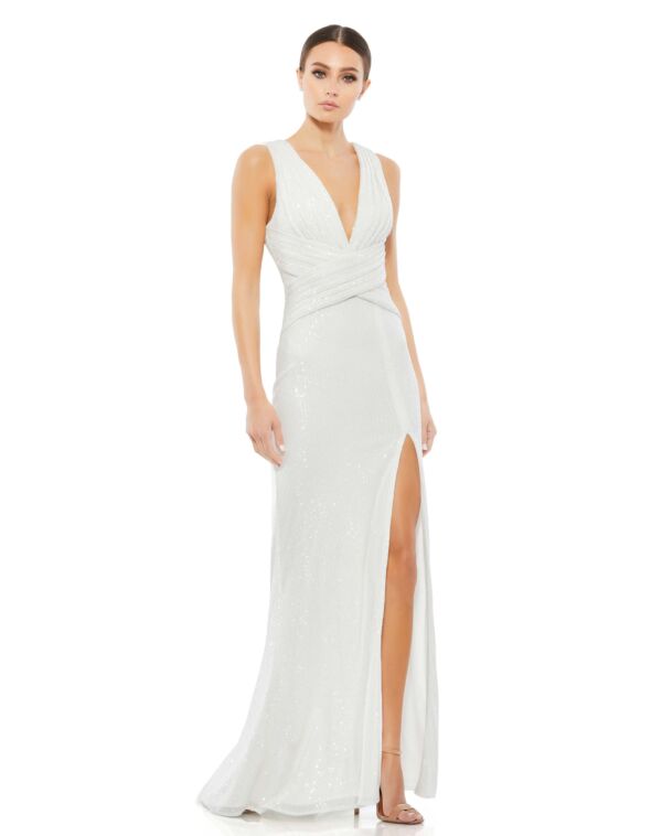 Sleeveless Sparkle Sequins Pleated Bodie Slimming Crisscross Waist Long Fitted Dress 
