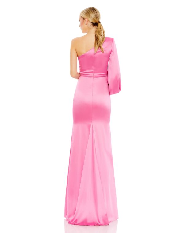 One Shoulder Long Cuffed Bishop Sleeve Satin Fit and Flare Long Formal Dress