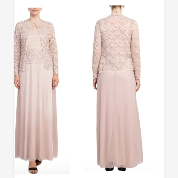 2 Piece Lace Bodice with Chiffon Skirts Long Formal Dress with Matching Lace Jacket