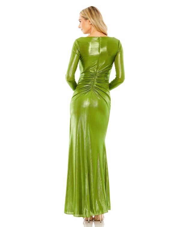 Long Sleeve Bateau Necklin Ruched Long Formal Dress with Draped Bodice and Side Slit