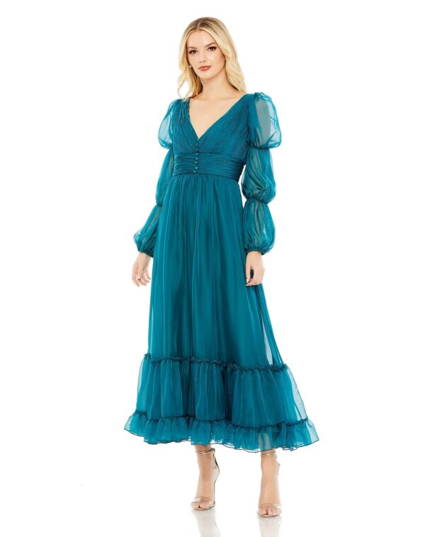 Long Virago Sleeve Ruched Bodice V Neck Midi Cocktail Dress