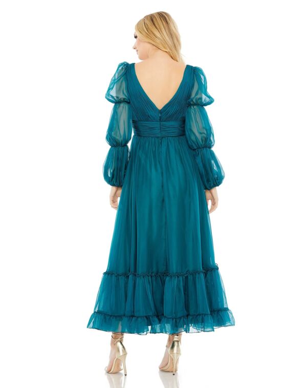 Long Virago Sleeve Ruched Bodice V Neck Midi Cocktail Dress