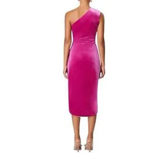 One Shoulder Velvet Midi Dress with Asymetric Slit