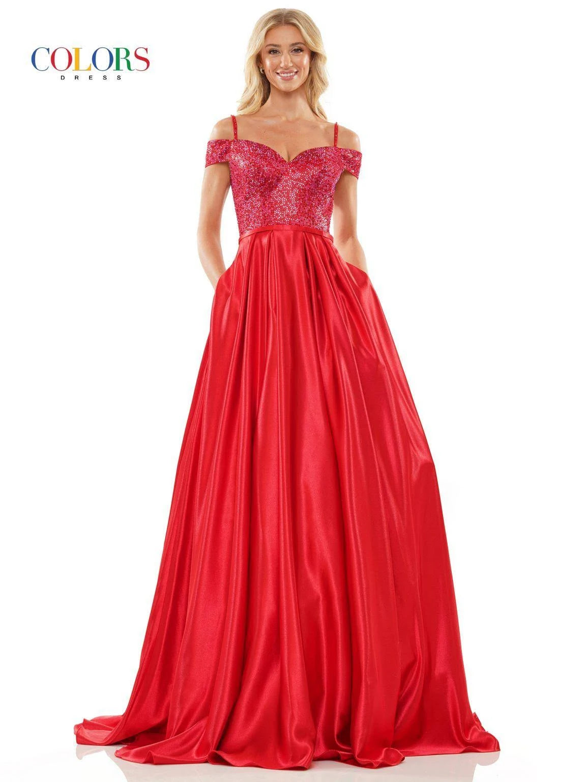 Off Shoulder Long Formal Dress with Beaded Bodice, Full Satin Skirt and Pockets