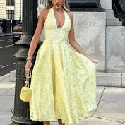 Halter Fit and Flare Mini Jacquard Dress with Corset Back
