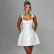 Sleeveless Adjustable Straps Jacquard Fit and Flare Mini Dress with Big Back Bow