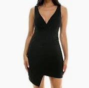 Sleeveless V Neck Fitted Wrap Mini Dress with Assymetric Hem