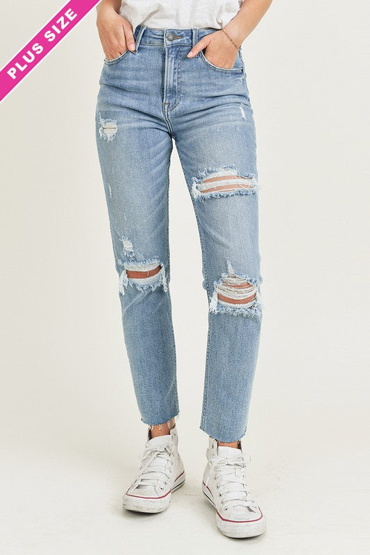 Curvy High Rise Light Denim Distressed Relaxed Fit Skinny Blue Jeans