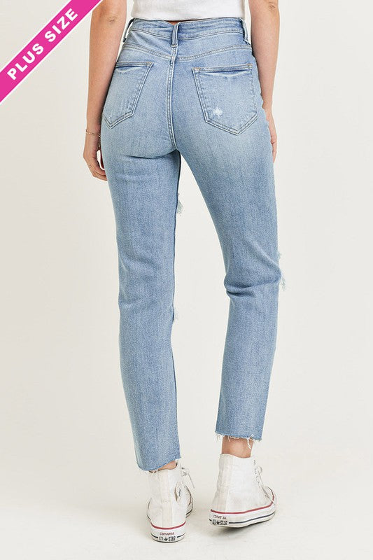 Curvy High Rise Light Denim Distressed Relaxed Fit Skinny Blue Jeans