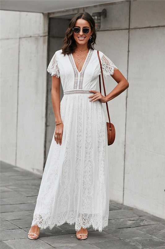 Lace Maxi Dress with V Neck  and Short Flowy Sleeve