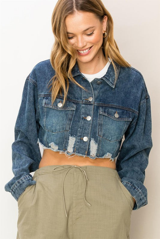 Button Front Cropped Mini Jacket with Raw Hem