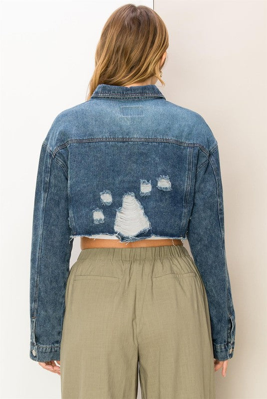 Button Front Cropped Mini Jacket with Raw Hem