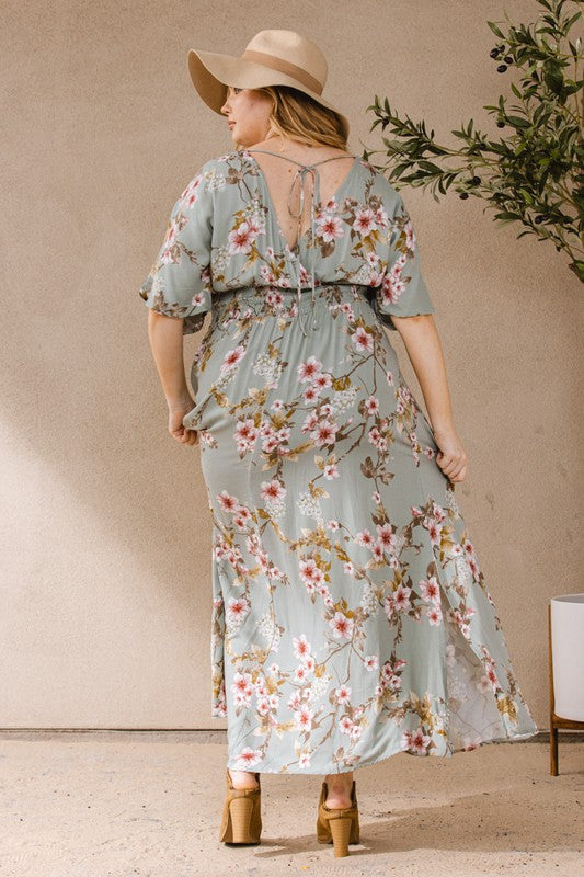 Curvy Floral Print Maxi Dress with Kimono Sleeve