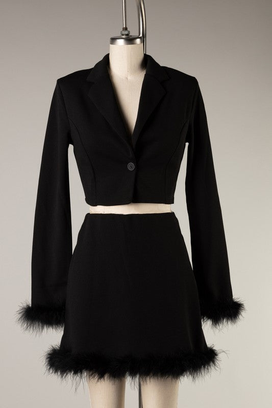 Black Crop Jacket with Feather Trim