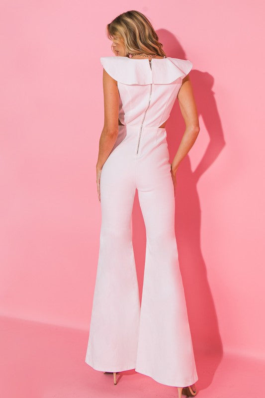 Solid Denim Jumpsuit Featuring Ruffled Surplice Neckline, Side Cut Out, Bell Bottom