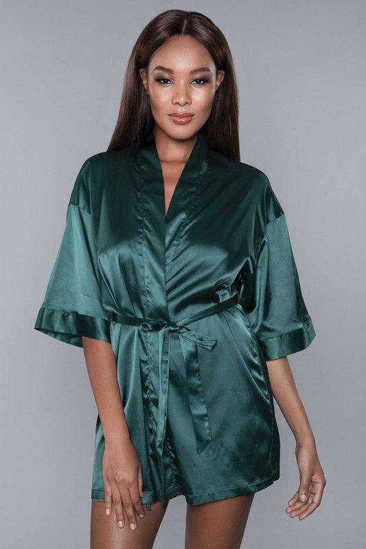 Short Satin Robe with Flowy Sleeve and Belt