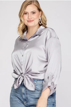 Loose Fit Button Down with Collar Satin Top