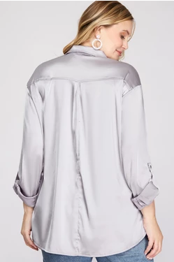 Loose Fit Button Down with Collar Satin Top