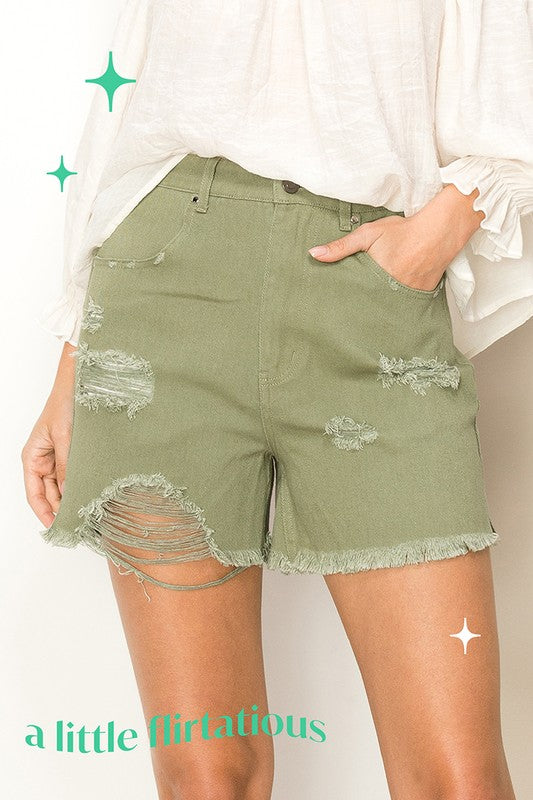 High Waist Elastic Back Jean Distressed Shorts with Pockets