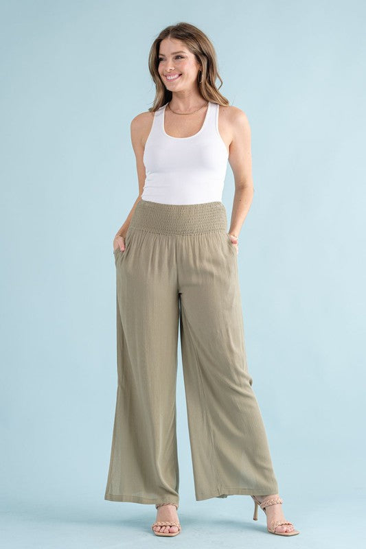 Curvy Crinkle Gauze Smocked Waist Wide Leg Palazzo Pants with Pockets
