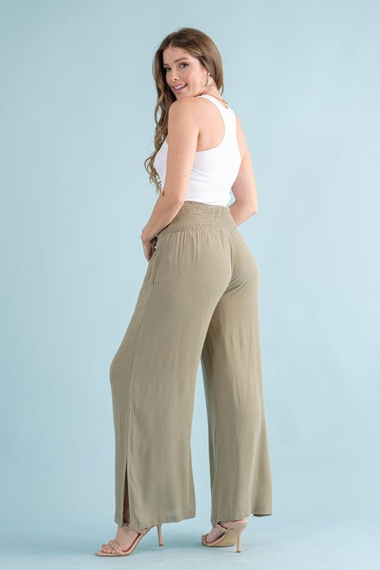 Curvy Crinkle Gauze Smocked Waist Wide Leg Palazzo Pants with Pockets