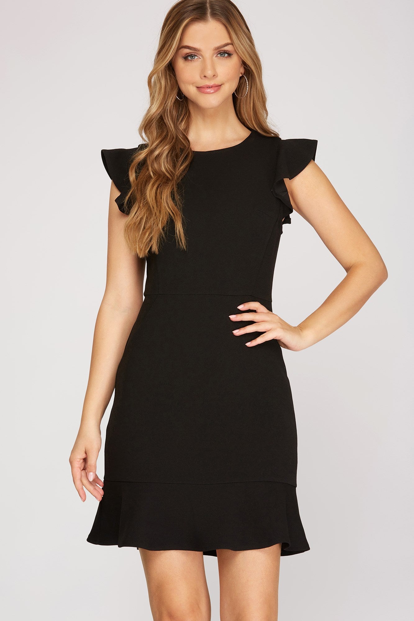 Ruffle Cap Sleeve Knit Short Dress with Zip Back Closure