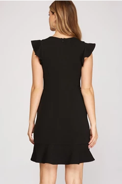 Ruffle Cap Sleeve Knit Short Dress with Zip Back Closure