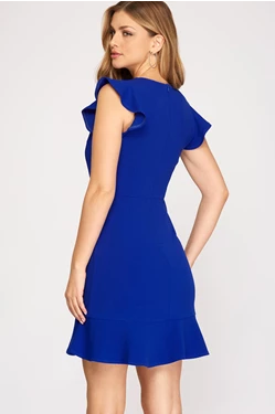 Ruffle Cap Sleeve Knit Short Dress with Zip Back Closure