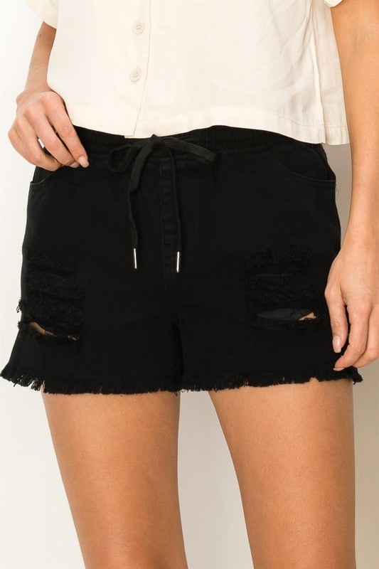 Elastic Drawstring Waist Denim Shorts with Pockets