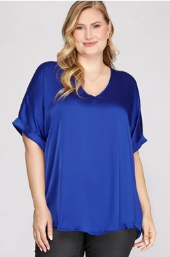 Curvy Loose Fit V Neck Satin Top with Cuff Short Sleeve
