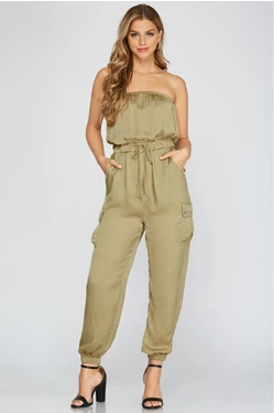 Strapless Elastic Tube Top Dull Satin Jumpsuit with Cargo Pockets